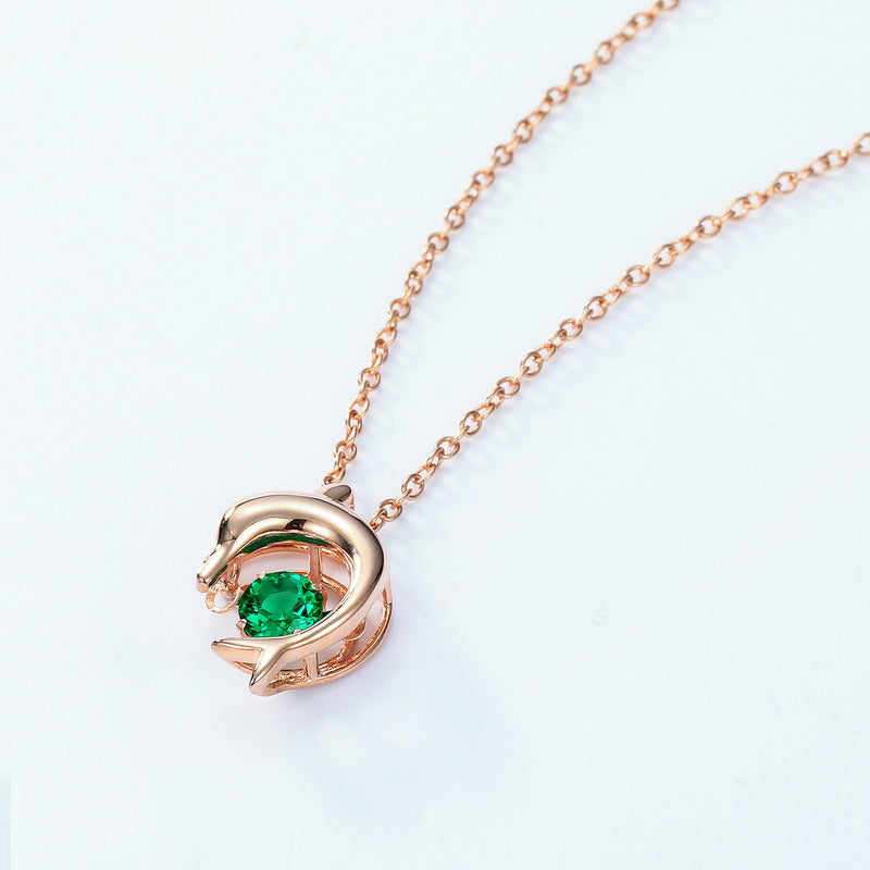 3D Dolphin Emerald Pendant Necklace – Lab-Created Gem in 925 Silver, Vintage Inspired