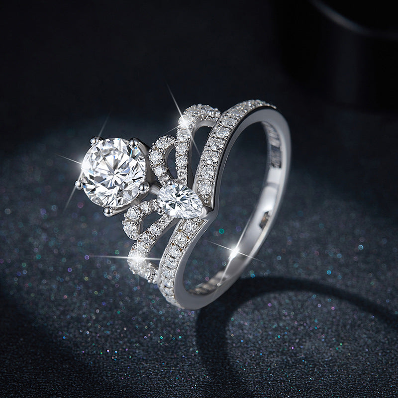 engagement rings for women | Luxury 1ct + 0.8ct D Moissanite Crown Ring – Platinum-Plated 925 Silver |
