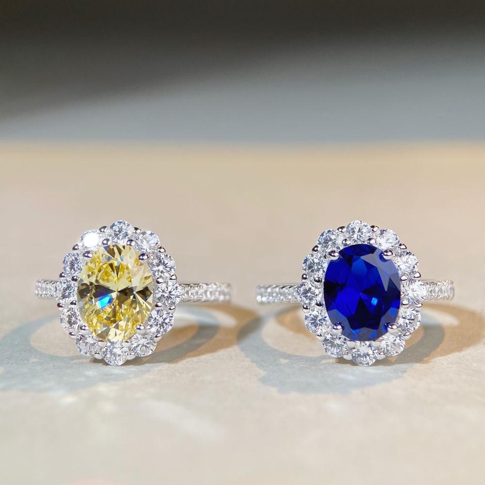 Felistly Jewelry: S925 Sterling Silver Sapphire Ring for Women, Solitaire Pigeon Egg Shape with Luxurious Full Halo