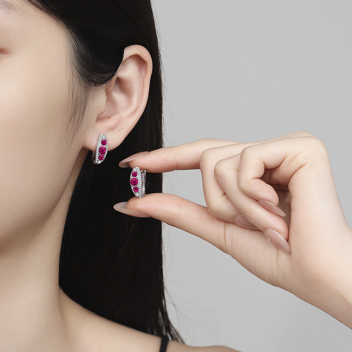 Pigeon Blood Red Zircon Stud Earrings - 925 Silver Minimalist Hoops with Moissanite Accents