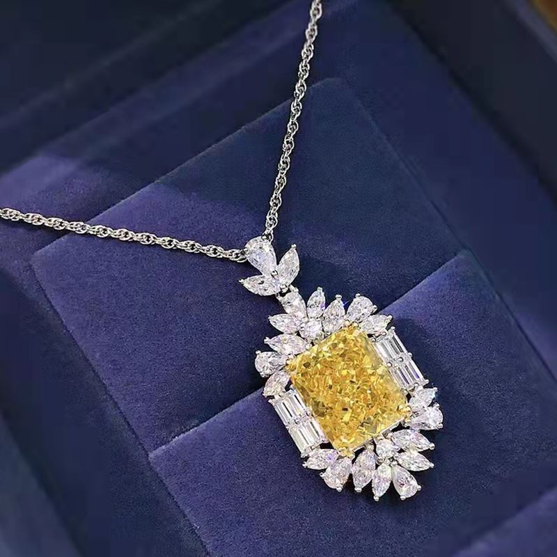 Luxury 24CT High Carbon Diamond Statement Necklace - Featuring 8x10mm Snowflake Cut Yellow Diamond in 925 Sterling Silver