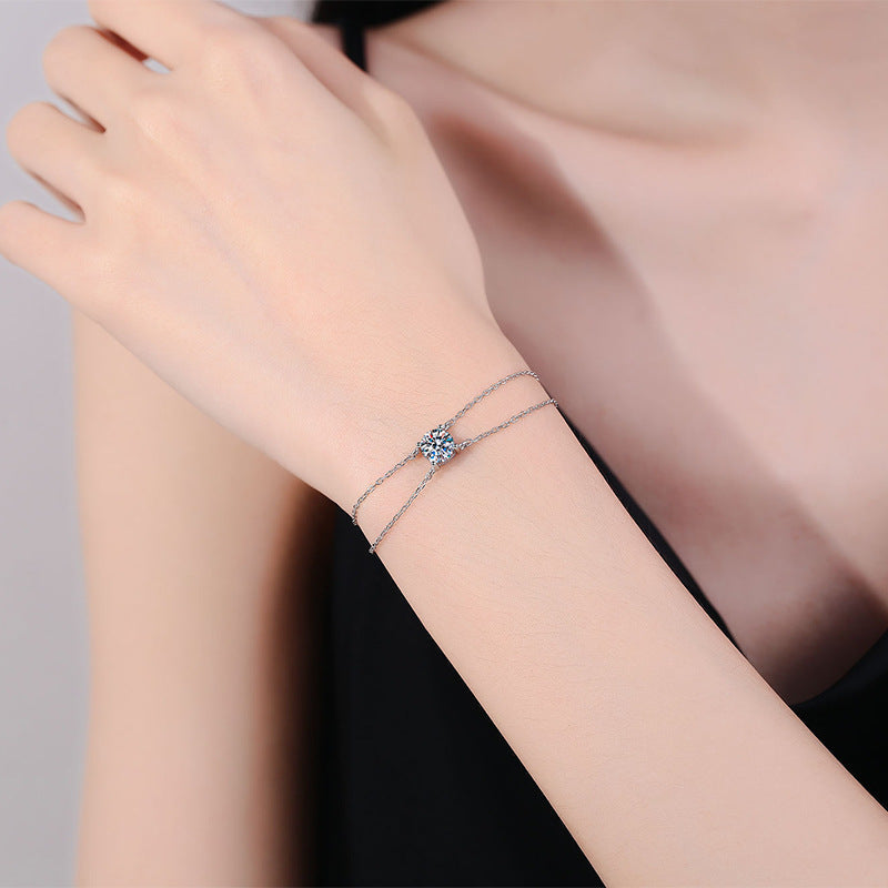 Felistly Jewelry: 1CT Moissanite Double Chain Bracelet - 925 Silver Four-Prong Setting Jewelry for Women