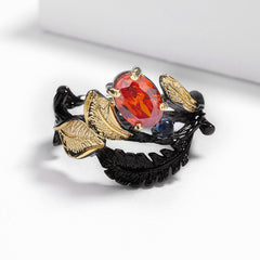 Felistly Jewelry: Exquisite Black Gold Jewelry - Black Feather Ring with Red Zircon, Gothic Party Jewelry for Women