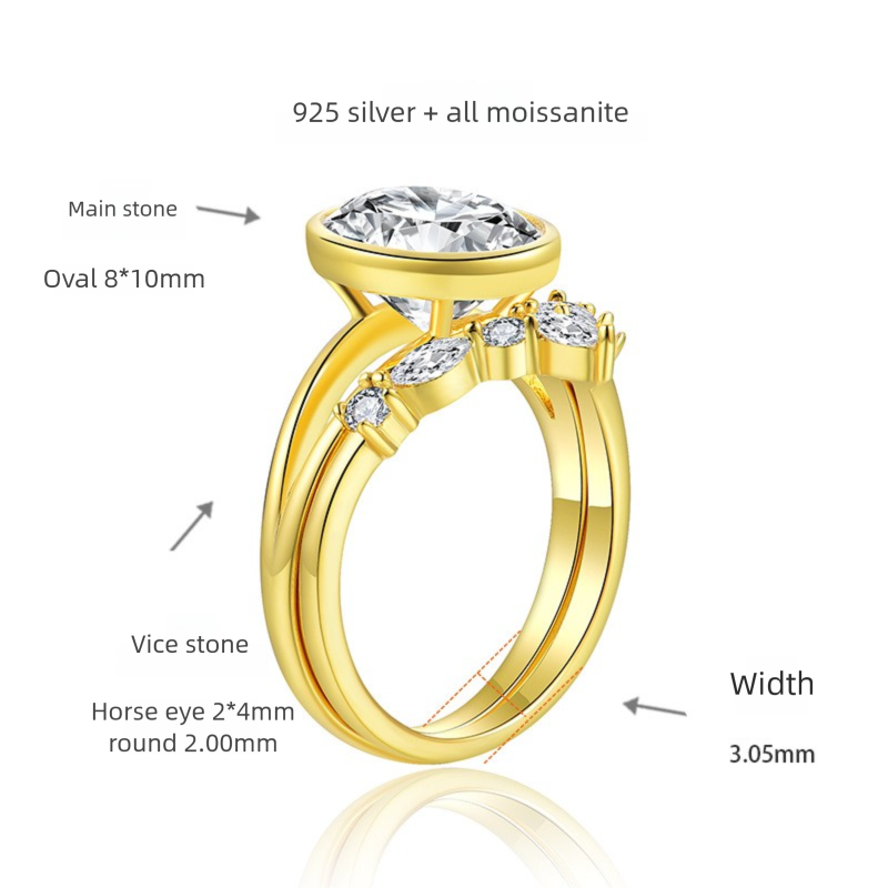 Felistly Jewelry: elongated cushion cut with wedding band | Designer 8x10mm Oval Moissanite Stackable Ring Set | 18K Yellow Gold Plated Sterling Silver | Instagram-Worthy Bridal Jewelry