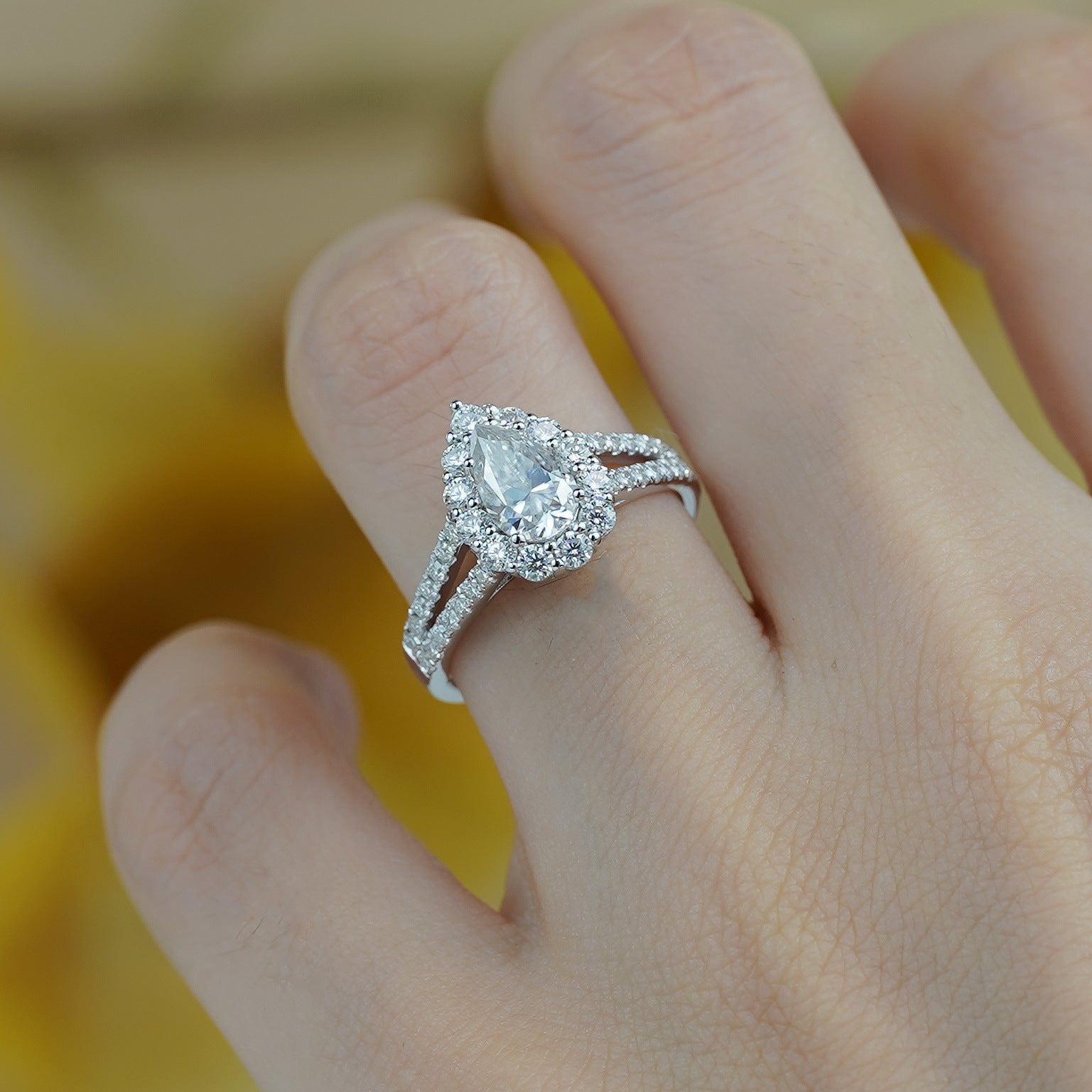 engagement rings for women | 1.74ct D Color Pear Moissanite Ring - Platinum Over Sterling Silver | elongated cushion cut with wedding band