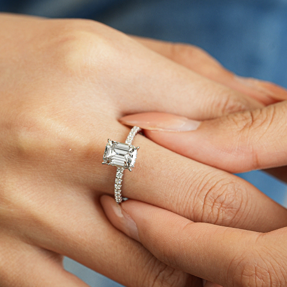 Felistly Jewelry: S925 Sterling Silver moissanite  Rectangular Ring with 3ct Emerald-Cut Gemstone for Women