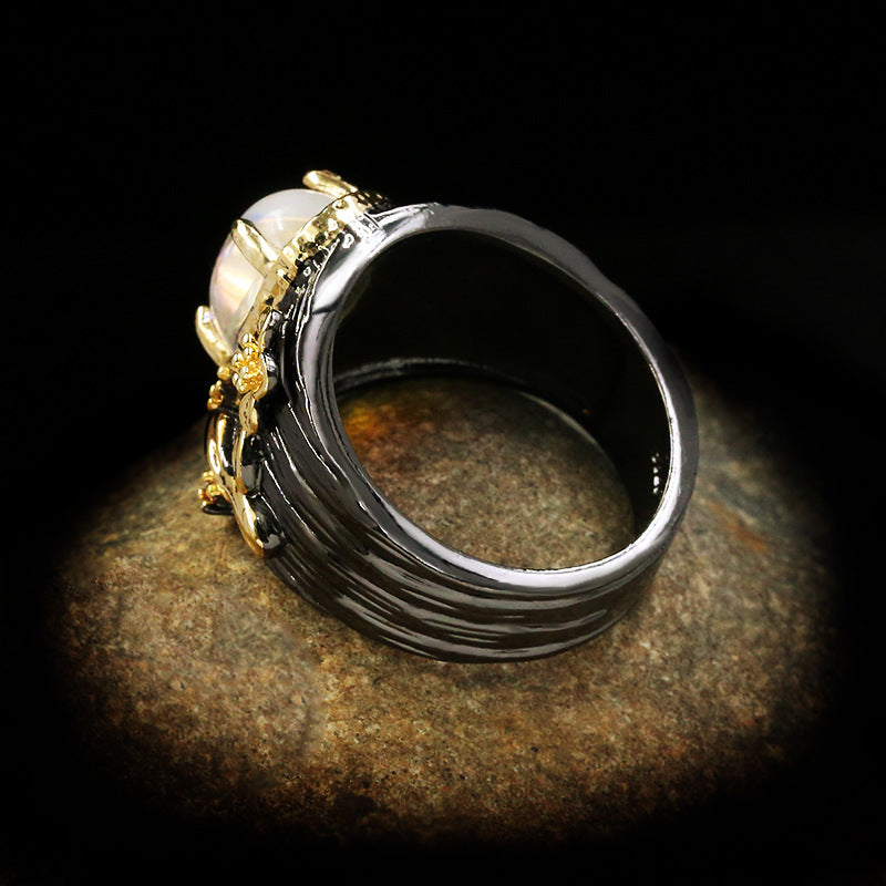 Felistly Jewelry: Cross-Border Creative Abstract Art Line Wrapped Moonstone Ring – Exaggerated Black & Gold Dual-Tone Closed Statement Ring for Women