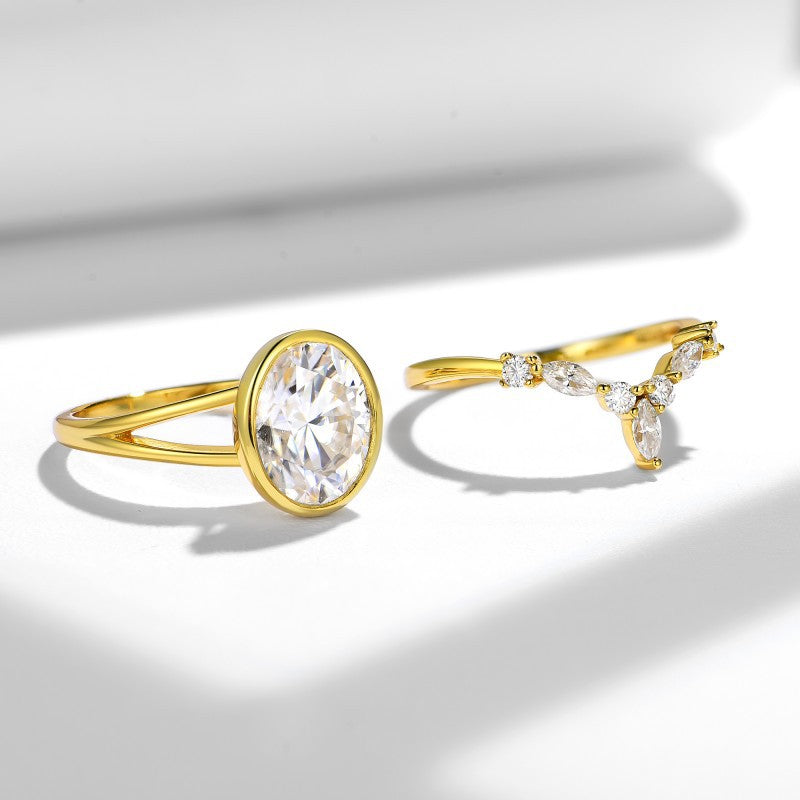 Felistly Jewelry: elongated cushion cut with wedding band | Designer 8x10mm Oval Moissanite Stackable Ring Set | 18K Yellow Gold Plated Sterling Silver | Instagram-Worthy Bridal Jewelry