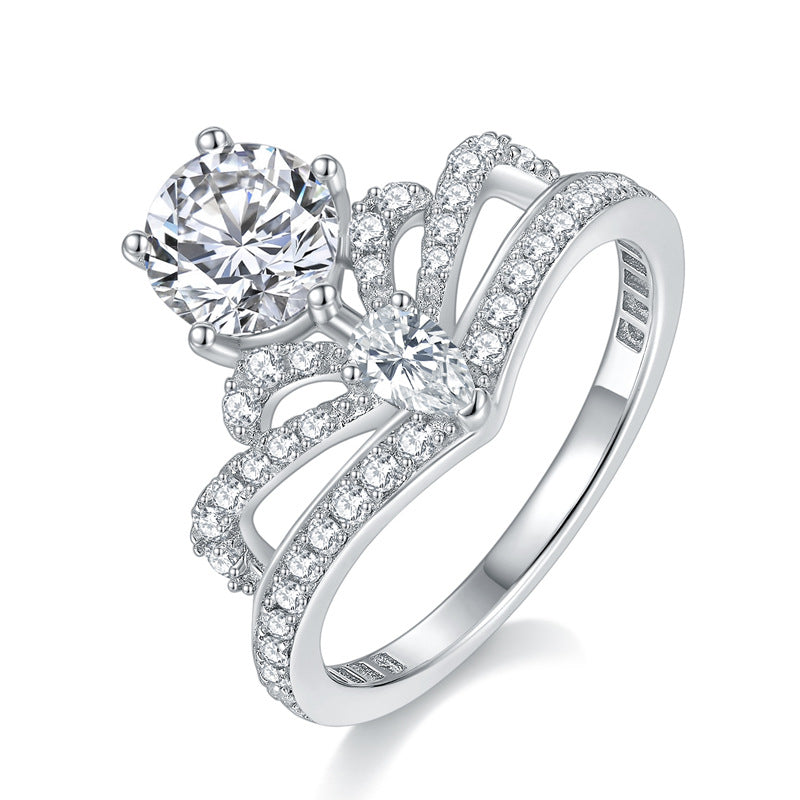 engagement rings for women | Luxury 1ct + 0.8ct D Moissanite Crown Ring – Platinum-Plated 925 Silver |