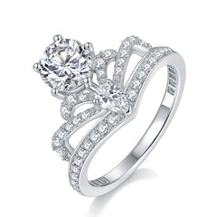 engagement rings for women | Luxury 1ct + 0.8ct D Moissanite Crown Ring – Platinum-Plated 925 Silver |
