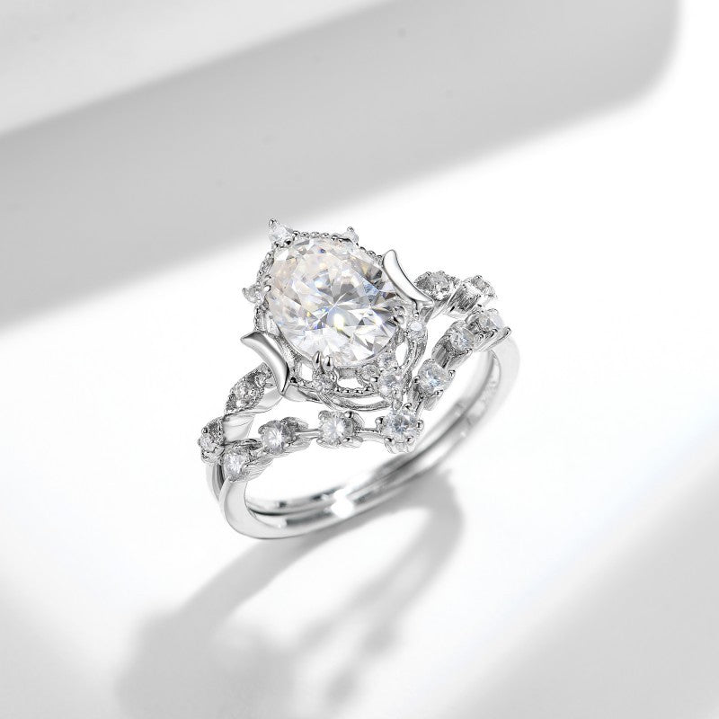 Felistly Jewelry: 2025 New Crescent Moon & Star Collection - 7x9mm Oval Moissanite Stackable Ring Set in Sterling Silver 18K Gold Plated, engagement rings for women