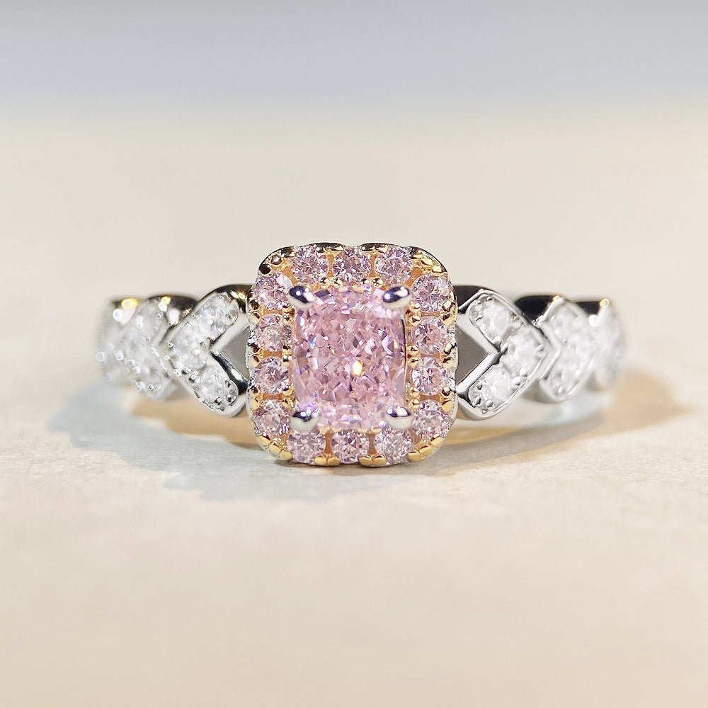 Felistly Jewelry: S925 Sterling Silver Cute Pink Diamond Ring - Ins Style Minimalist Luxury High Carbon Diamond Ring for Women