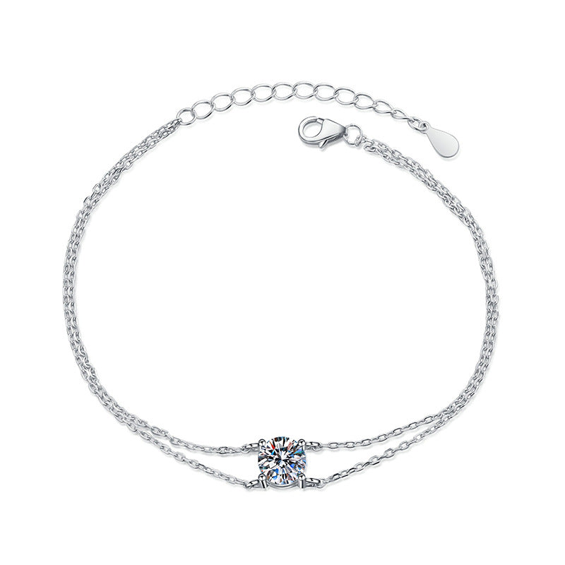 Felistly Jewelry: 1CT Moissanite Double Chain Bracelet - 925 Silver Four-Prong Setting Jewelry for Women