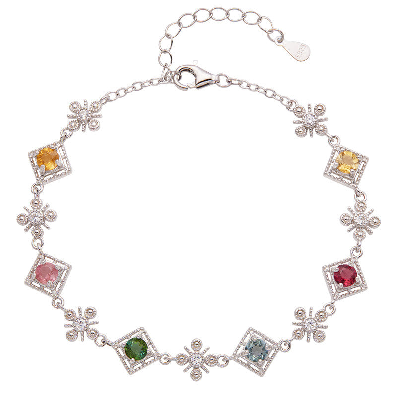Natural Gemstone Tourmaline Bracelet for Women, S925 Sterling Silver Colorful Jewelry