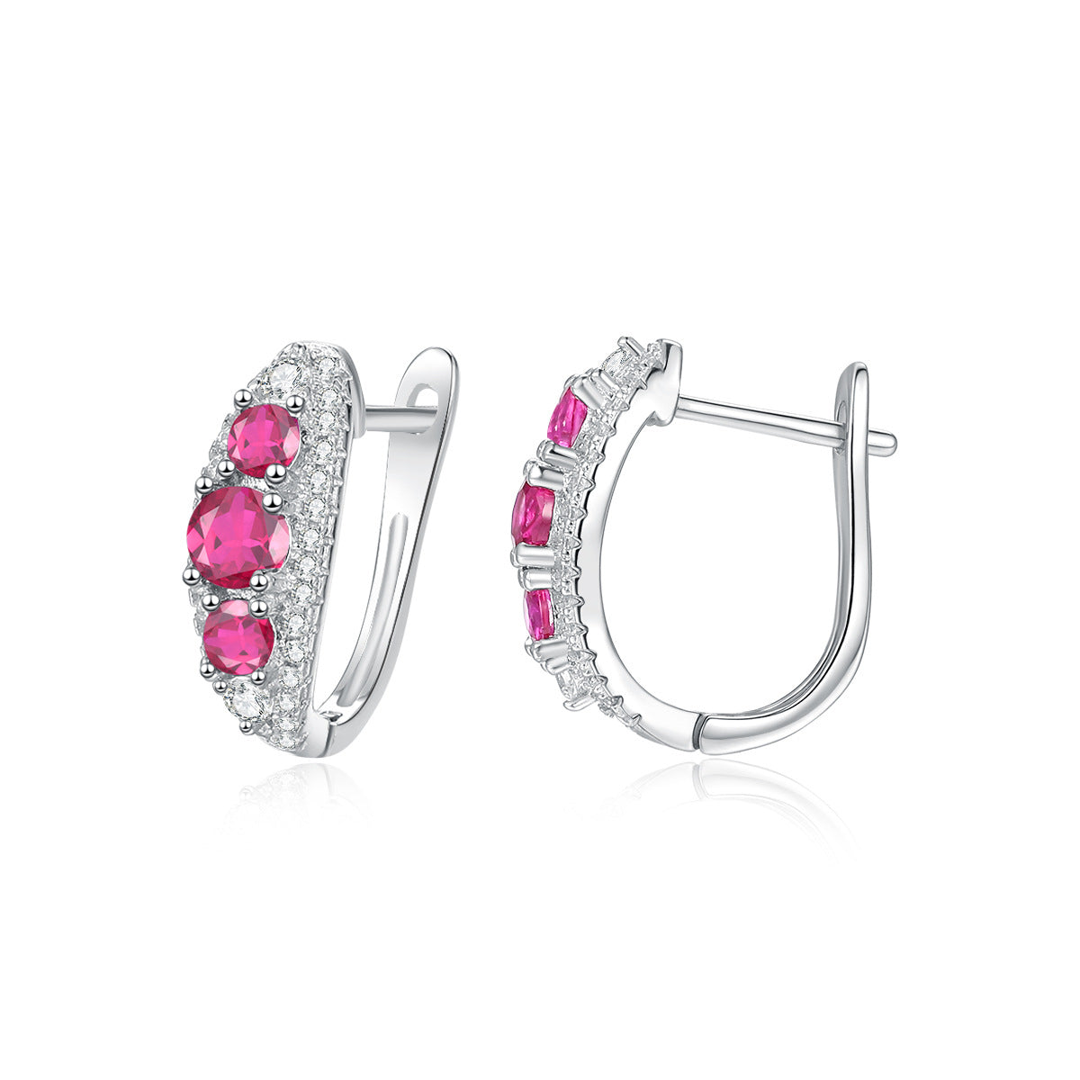 Pigeon Blood Red Zircon Stud Earrings - 925 Silver Minimalist Hoops with Moissanite Accents