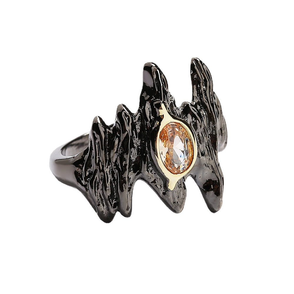 Felistly Jewelry: Punk Style Amber & Zircon Women's Ring - Black Gold Irregular Branch-Shaped Statement Jewelry for Party