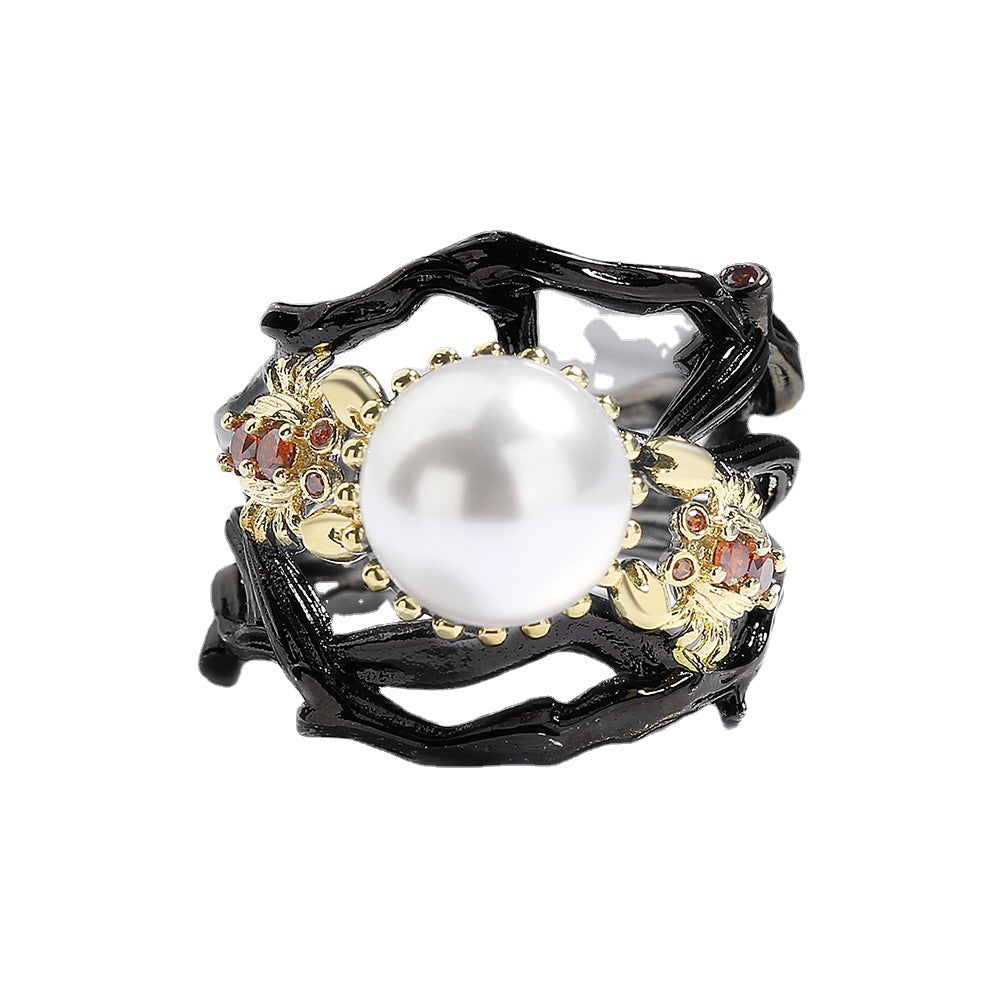 Felistly Jewelry: Fashion Pearl-Inlaid Black Gold Women's Ring - Bohemian Style Jewelry, Handcrafted Premium Party Ring