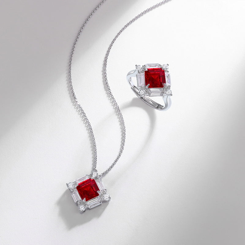 Women’s Lab-Created Ruby Pendant Necklace - Geometric 925 Silver Collarbone Jewelry