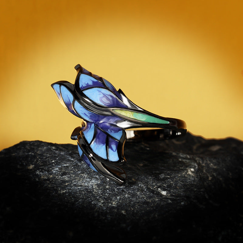 Felistly Jewelry: Enamel Color Ring, Cloisonné Craft Butterfly Flower Diamond Inlay Ring for Women