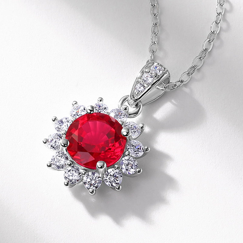 Sunflower Pendant Necklace - Featuring Laboratory-Grown Ruby in 925 Silver