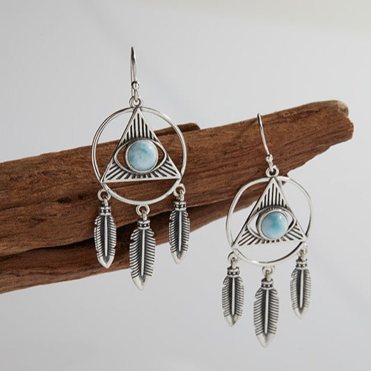 Handmade Larimar Silver Earrings - Vintage Bohemian Fringe Jewelry for Women