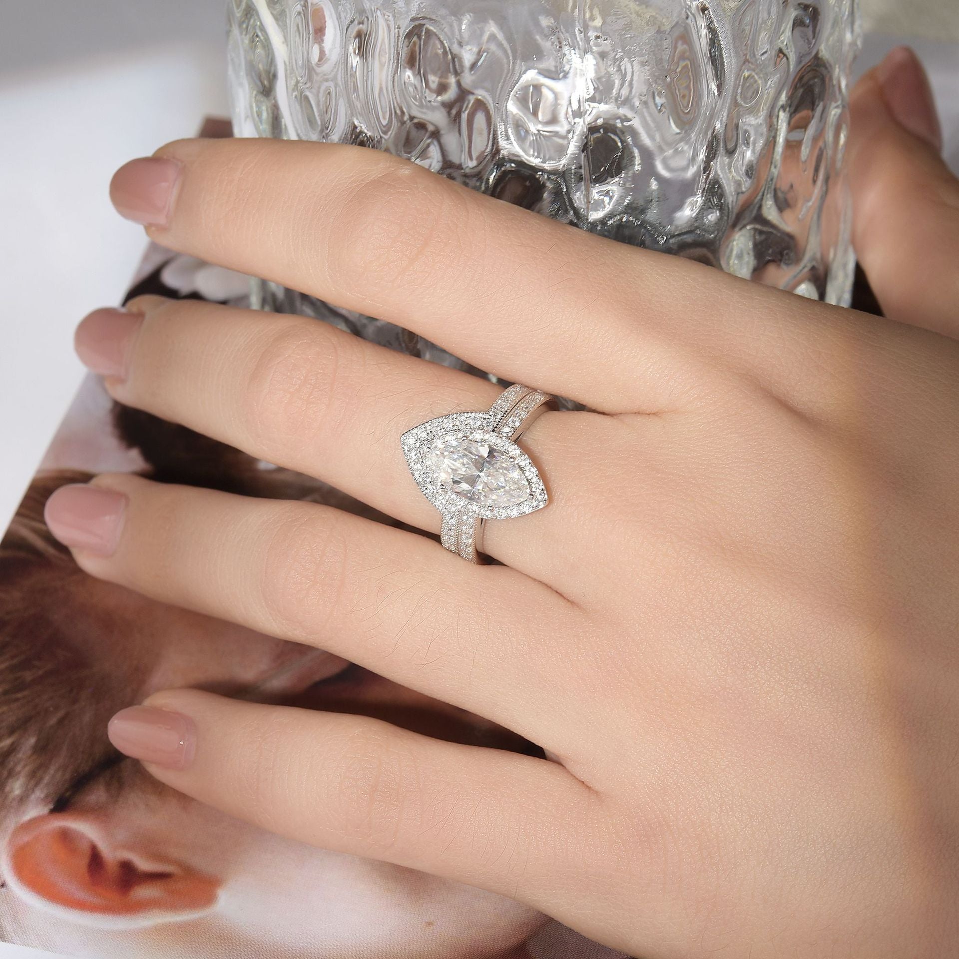Felistly Jewelry: engagement rings for women | Petite French-Inspired Vintage Beaded 6x12mm Marquise 2ct Ring Set in Sterling Silver 18K Gold Plated | elongated cushion cut with wedding band