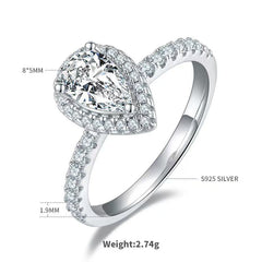 Pear-Shaped 1ct D Color Moissanite Ring - 925 Silver & White Gold Plated
