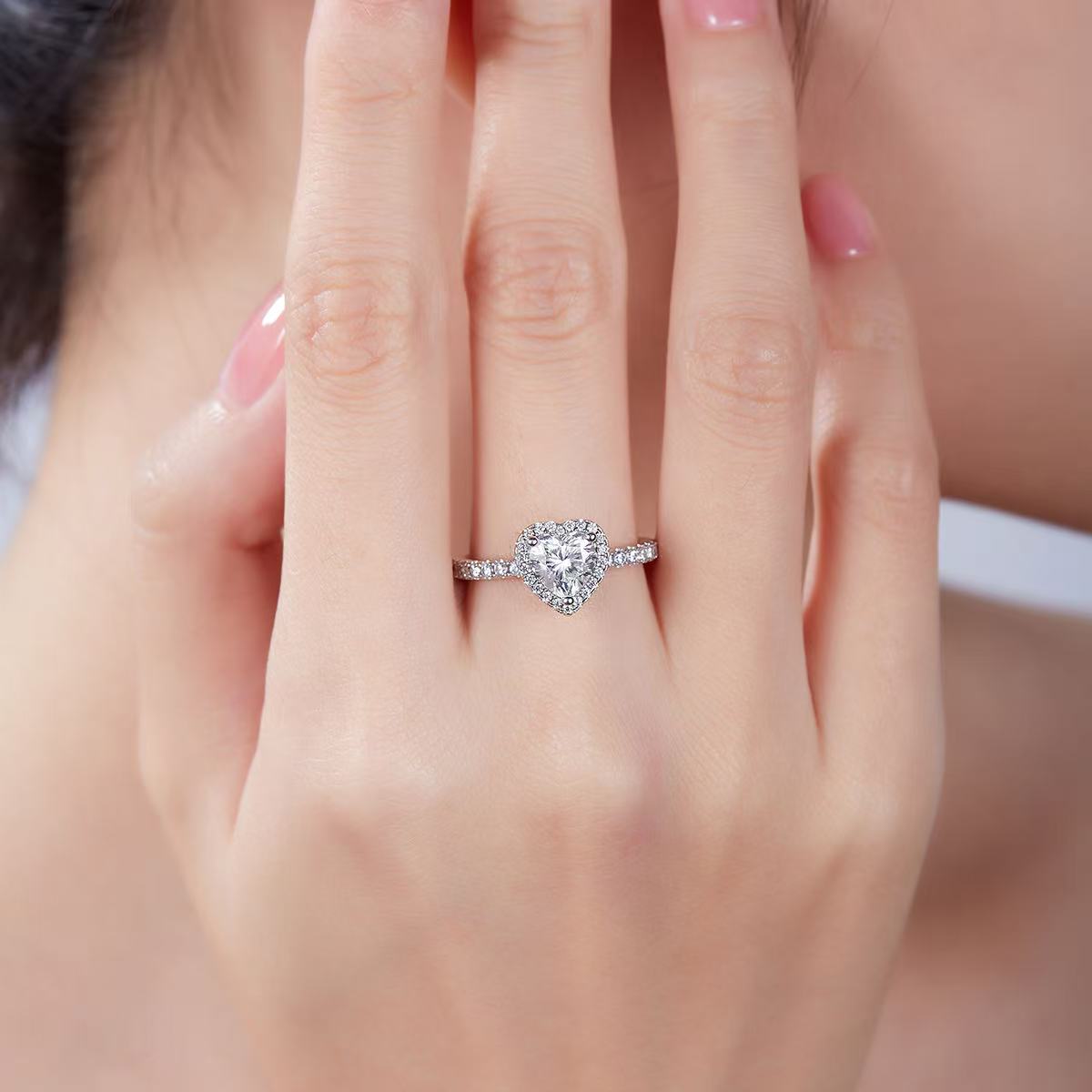 engagement rings for women 1-Carat D Color Moissanite Heart-Shaped Ring - Sterling Silver Rhodium Plated for Women |elongated cushion cut with wedding band