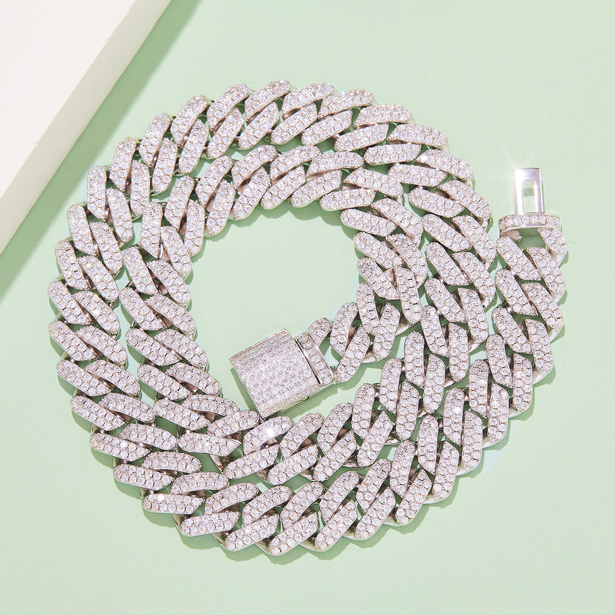 Wide Cuban Link Chain in Sterling Silver (S925), with Round White Moissanite Melee Stones, DVVS Quality