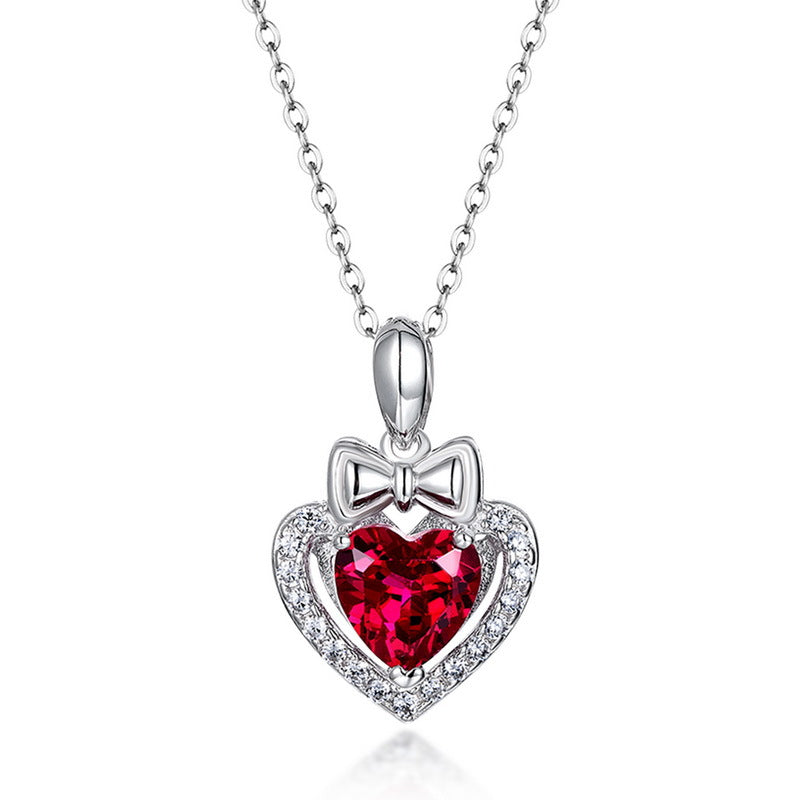 Delicate Love Heart Lab Ruby Pendant – 925 Silver Dainty Collarbone Chain for Women