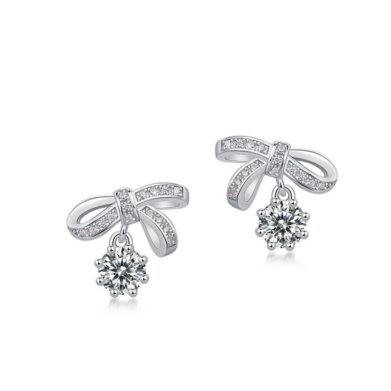 1ct Bow Tie Moissanite Earrings - 925 Silver Women's Studs with Gemstone Accents