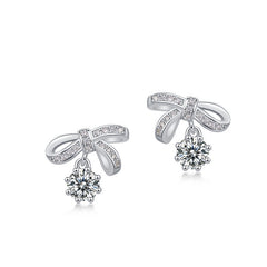 1ct Bow Tie Moissanite Earrings - 925 Silver Women's Studs with Gemstone Accents