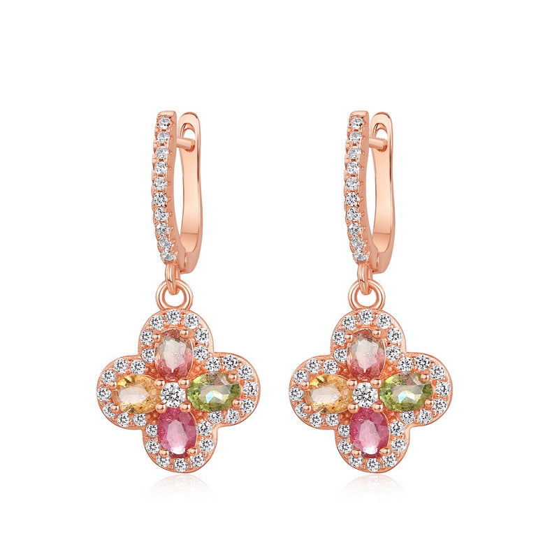 Four-Leaf Clover Tourmaline Drop Earrings - 18K Gold Plated 925 Silver Lightweight Jewelry
