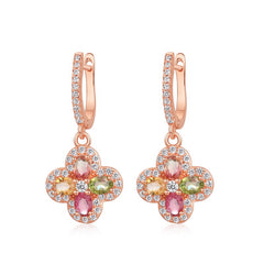 Four-Leaf Clover Tourmaline Drop Earrings - 18K Gold Plated 925 Silver Lightweight Jewelry
