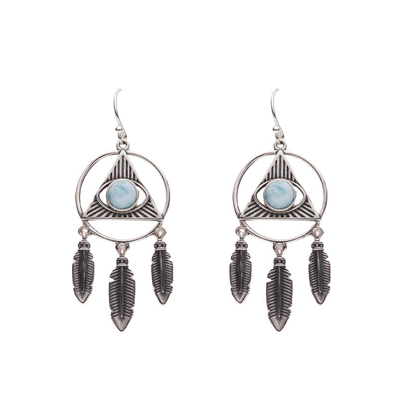Handmade Larimar Silver Earrings - Vintage Bohemian Fringe Jewelry for Women