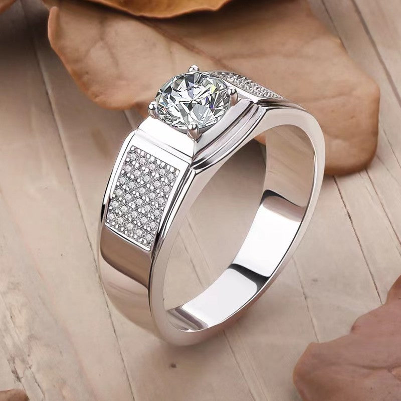 Men gents ring Men's Moissanite Ring - 1ct D Color Moissanite in 925 Sterling Silver with Halo Setting