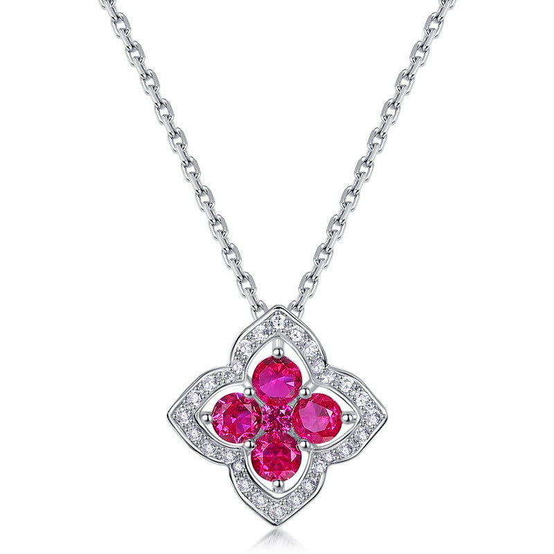 Women’s Lucky Clover Necklace - Delicate Lab-Created Gem in 925 Silver, 17’’ Chain