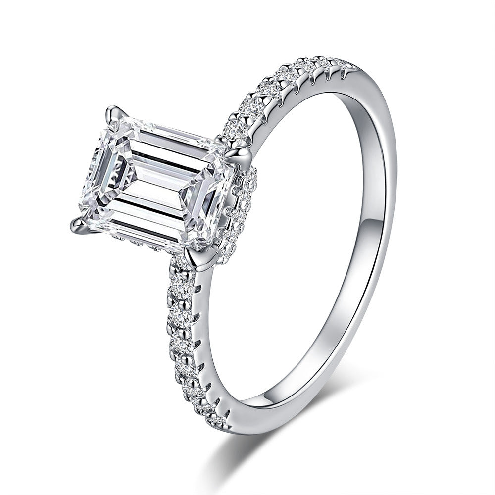 Felistly Jewelry: S925 Sterling Silver moissanite  Rectangular Ring with 3ct Emerald-Cut Gemstone for Women
