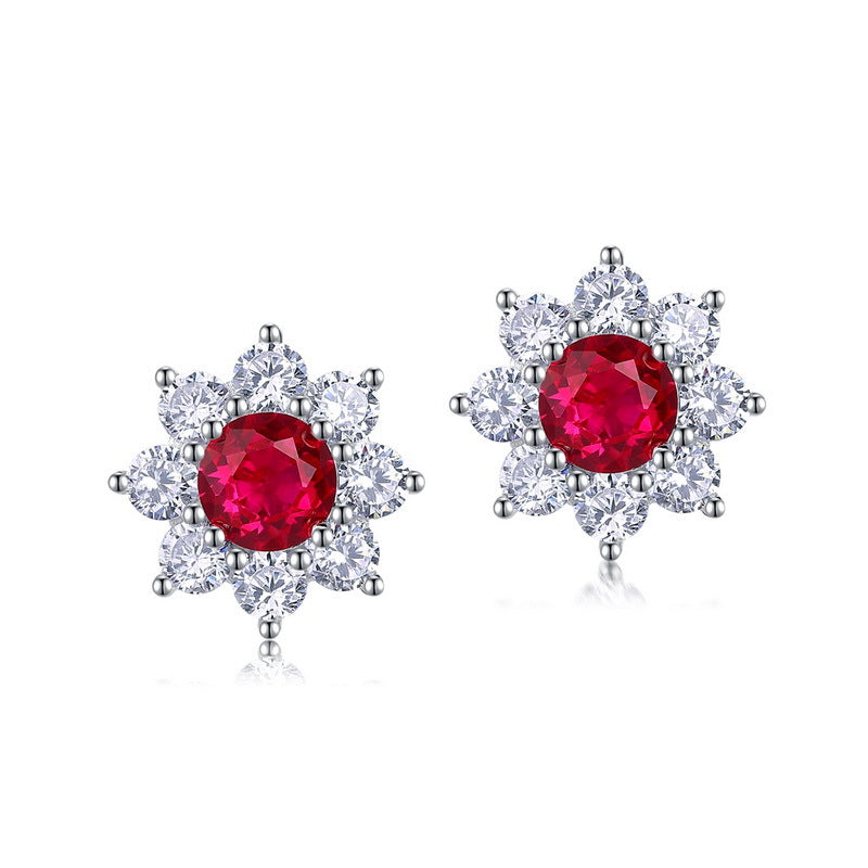 Floral Ruby Stud Earrings - Lab-Created Gemstone 925 Silver Everyday Jewelry