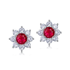 Floral Ruby Stud Earrings - Lab-Created Gemstone 925 Silver Everyday Jewelry