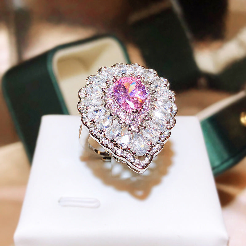 Felistly Jewelry: Ultra Sparkling Cherry Pink Gemstone Oval Ring for Women - Adjustable Open Band, Violet Purple Statement Ring Jewelry