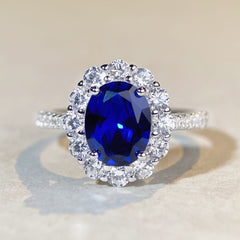 Felistly Jewelry: S925 Sterling Silver Sapphire Ring for Women, Solitaire Pigeon Egg Shape with Luxurious Full Halo