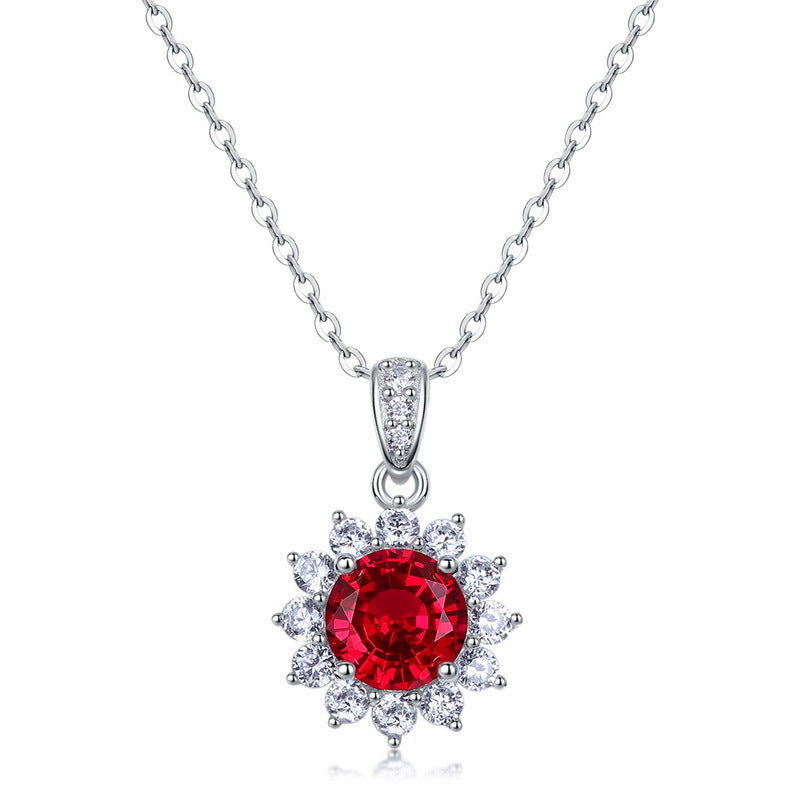 Sunflower Pendant Necklace - Featuring Laboratory-Grown Ruby in 925 Silver