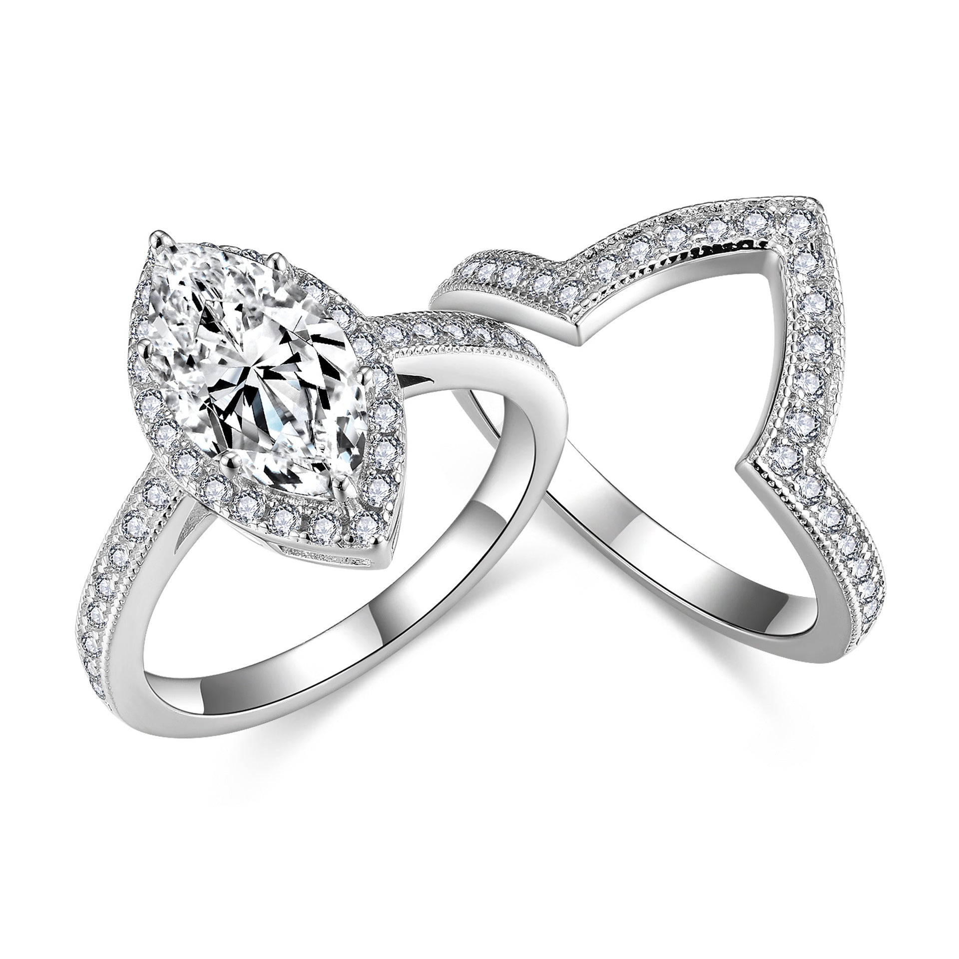Felistly Jewelry: engagement rings for women | Petite French-Inspired Vintage Beaded 6x12mm Marquise 2ct Ring Set in Sterling Silver 18K Gold Plated | elongated cushion cut with wedding band