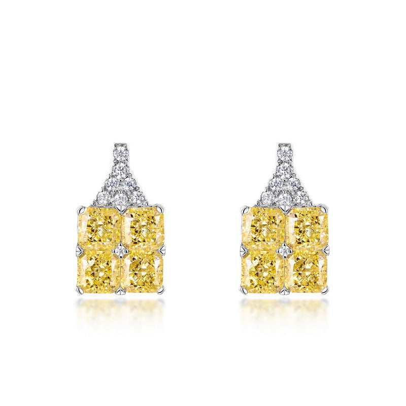 Designer Yellow Diamond Stud Earrings – 925 Silver Snowflake Diamond Halo (Modern Luxury)