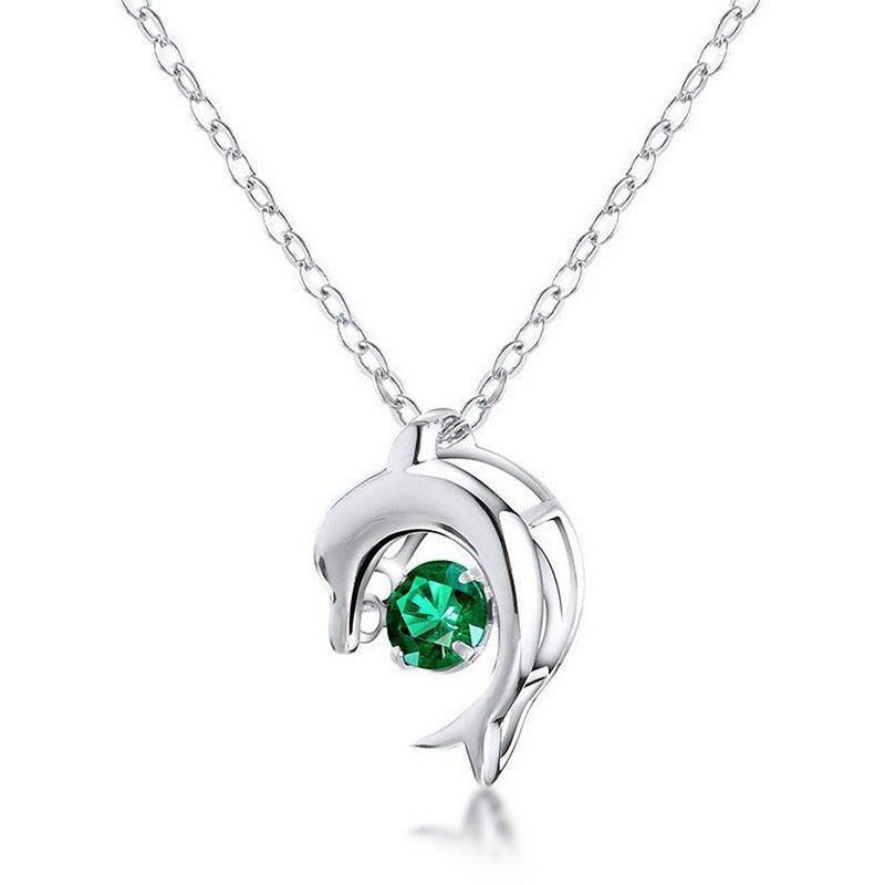 3D Dolphin Emerald Pendant Necklace – Lab-Created Gem in 925 Silver, Vintage Inspired