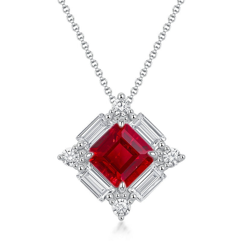 Women’s Lab-Created Ruby Pendant Necklace - Geometric 925 Silver Collarbone Jewelry