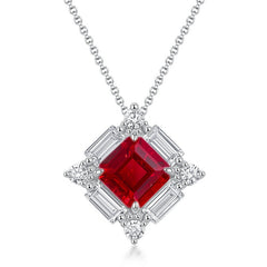 Women’s Lab-Created Ruby Pendant Necklace - Geometric 925 Silver Collarbone Jewelry
