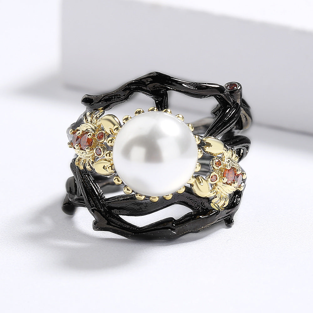 Felistly Jewelry: Fashion Pearl-Inlaid Black Gold Women's Ring - Bohemian Style Jewelry, Handcrafted Premium Party Ring