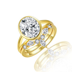 Felistly Jewelry: elongated cushion cut with wedding band | Designer 8x10mm Oval Moissanite Stackable Ring Set | 18K Yellow Gold Plated Sterling Silver | Instagram-Worthy Bridal Jewelry